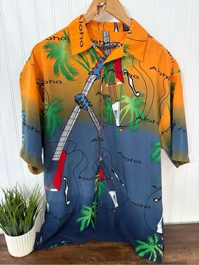 Box Office Island Hawaiian Shirt Men Small Orange Blue Guitar Aloha Palm Tree